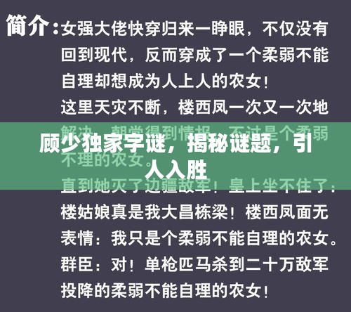 顾少独家字谜，揭秘谜题，引人入胜