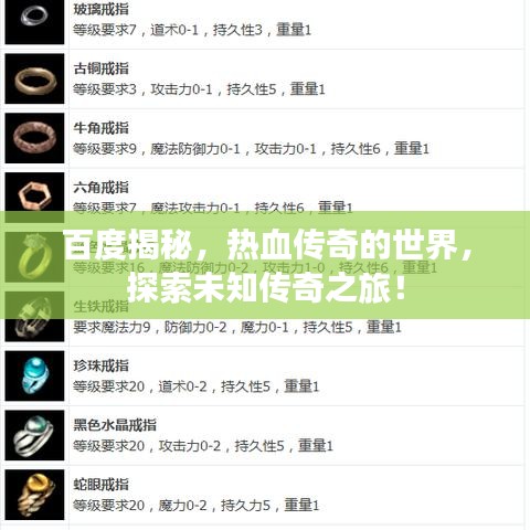 百度揭秘，热血传奇的世界，探索未知传奇之旅！